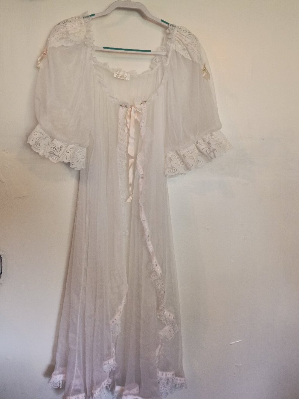 Cachet Sheer Ivory Lace-Trim Nightgown with Ribbon Ties